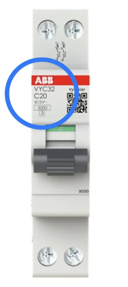 A two-pole circuit breaker with two terminal screws at the top. Circled below the brand: the type code, C20, 415V~, the breaking capacity 3000 in a box and a 3 below it.