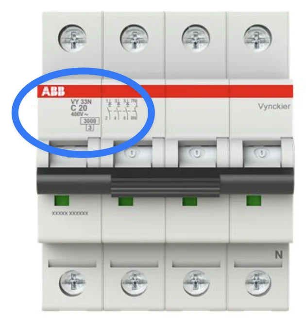 A four-pole circuit breaker with four terminal screws at the top and an N at the last pole. Circled below the brand: the type code, C 20, 400V~, the breaking capacity 3000 in a box and a 3 below it.
