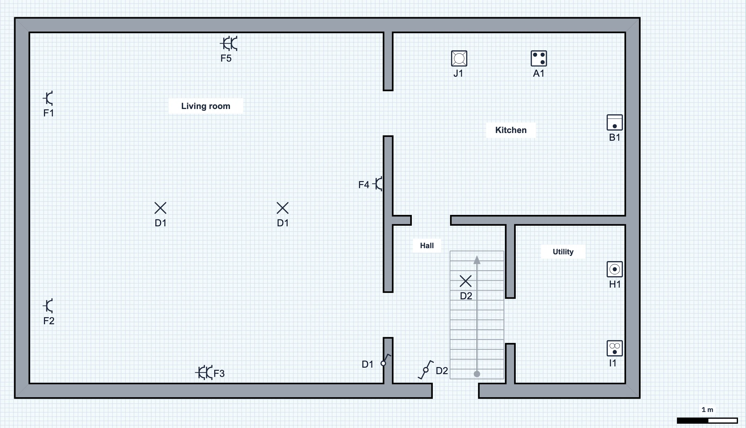 Floor plan of the ground floor: living room with lamps D1 and sockets F1 to F5, kitchen with dishwasher J1, hob A1 and oven B1, hall with stairs and lamp D2, utility room with washing machine H1 and dryer I1.