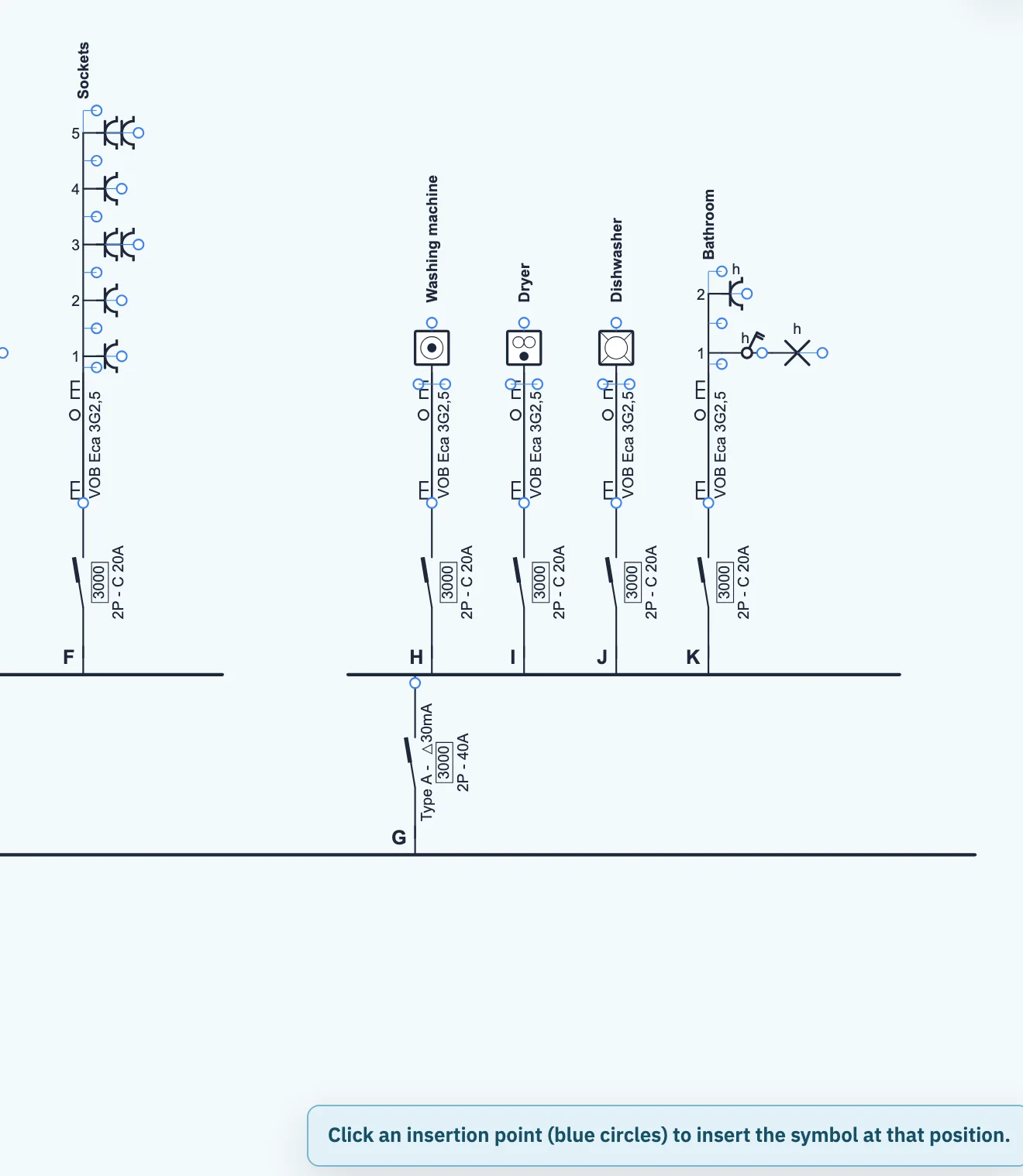 The drawing sheet in insert mode: blue insertion points on the circuits and on the rails, with the message at the bottom asking you to click an insertion point to insert the symbol there.