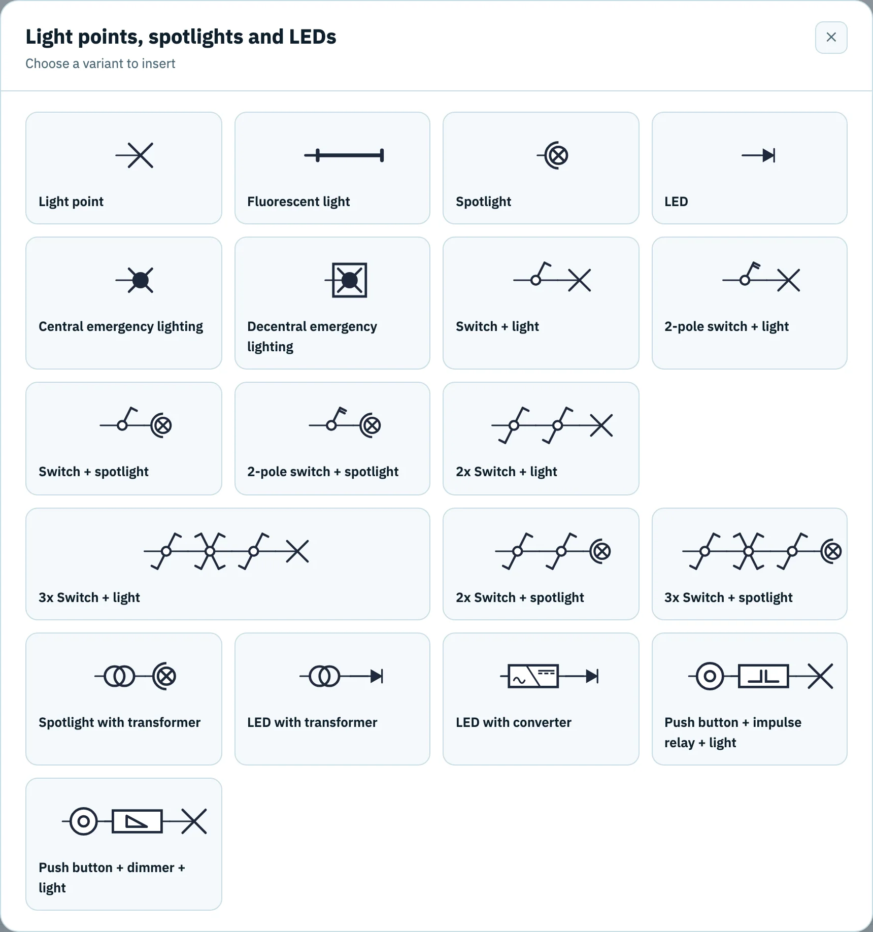 The Light points, spotlights and LEDs window with variants such as Light point, Switch + light, 2-pole switch + light, 2x Switch + light and 3x Switch + light.