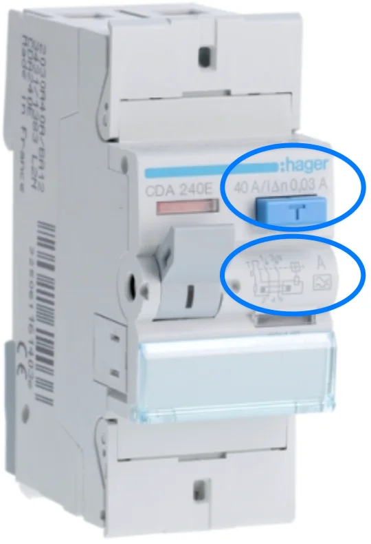 A 30 mA RCD. Circled: the marking 40 A / IΔn 0,03 A with the blue test button T, and below it the wiring diagram with the type A symbol.