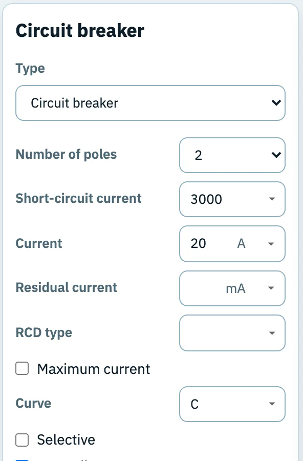 The Circuit breaker panel of circuit F: type Circuit breaker, 2 poles, short-circuit current 3000, current 20 A, curve C.