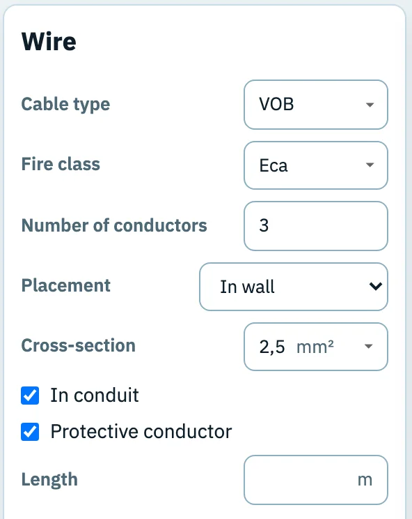 The Wire settings panel of circuit F: cable type VOB, fire class Eca, 3 conductors, placement in wall, cross-section 2,5 mm², in conduit and protective conductor ticked.