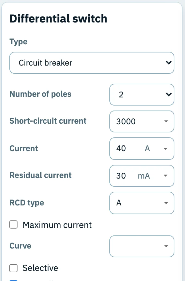 The settings panel of the RCD: residual current 30 mA, RCD type A, 2 poles, current 40 A.