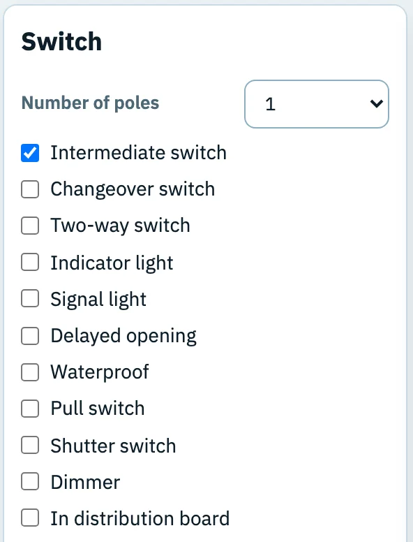 The Switch settings panel of the middle switch of E1: 1 pole, Intermediate switch ticked.