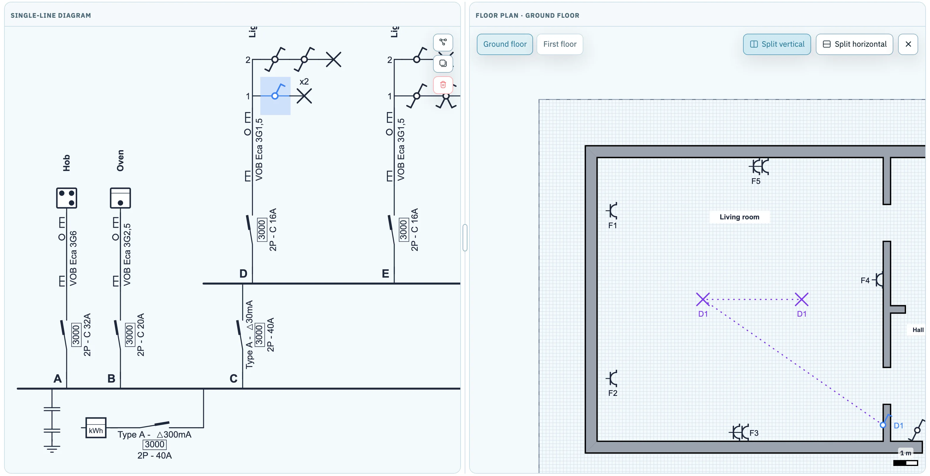 1wire in split view: on the left the single-line diagram with the switch of D1 selected, on the right the floor plan of the living room where the same switch lights up.