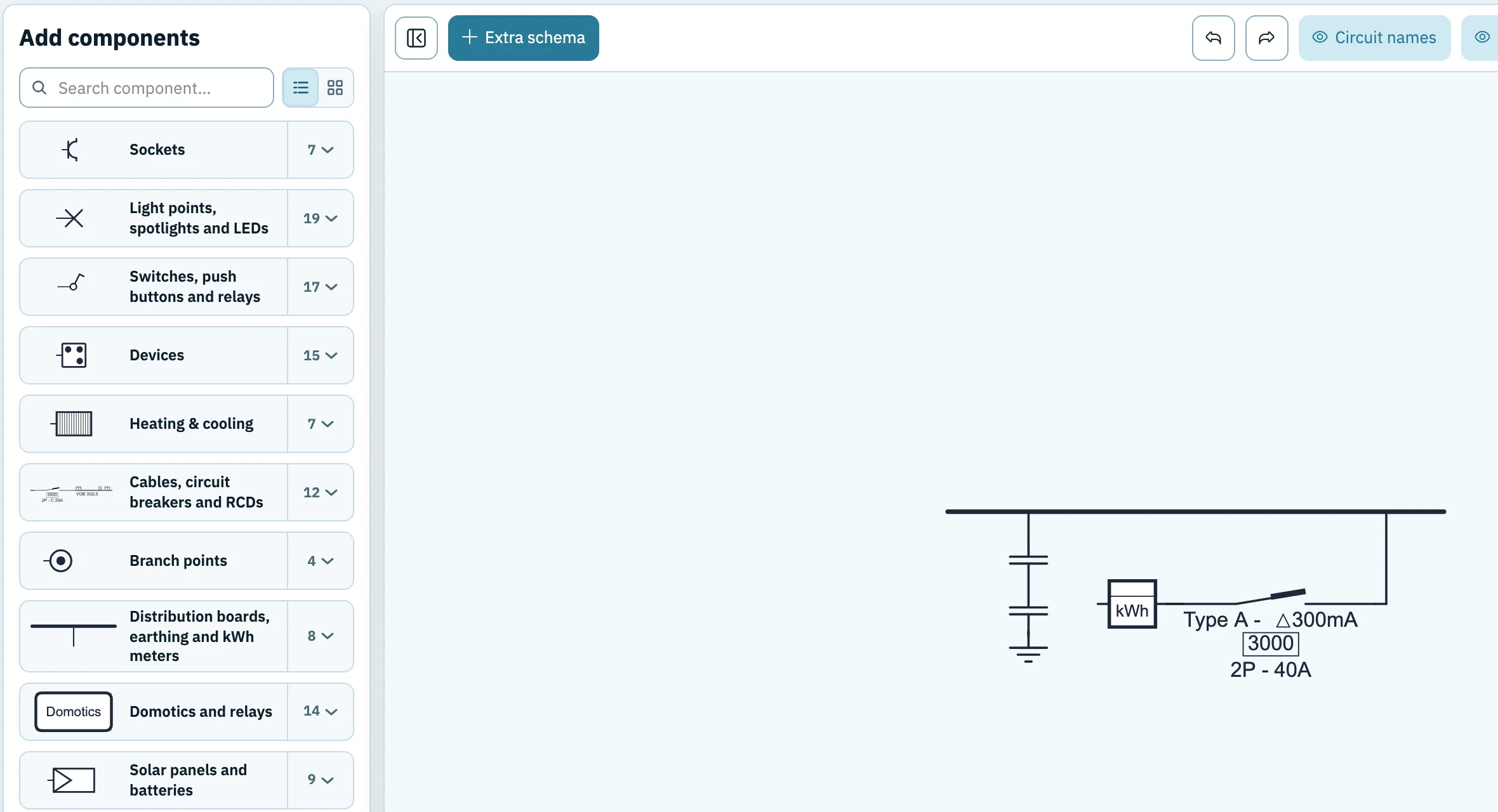 1wire with the symbol library Add components on the left and on the right a drawing sheet with only the supply: earthing, meter, 300 mA main switch and an empty distribution board.