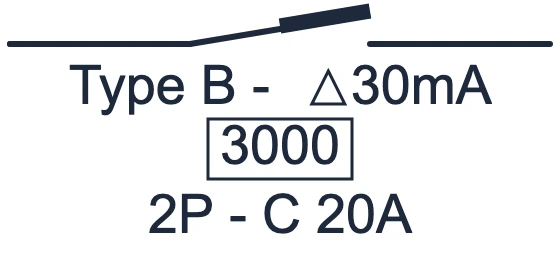Type B 2-pole differential switch symbol in a single-line diagram